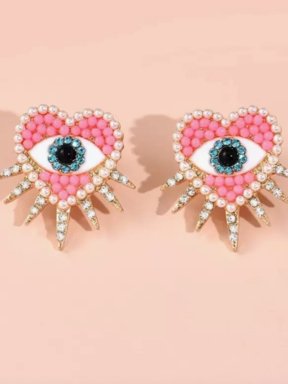 PINK EVIL EYE HEART STATEMENT EARRINGS